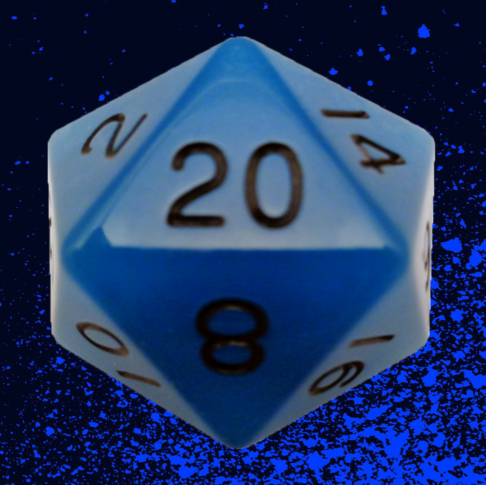 Fanroll 35mm Mega Acrylic D20 - Glow Blue with Black Numbers